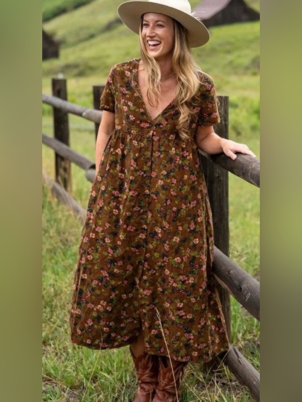 NATURAL LIFE Olive Brown Floral Button-Front Kids Dress
